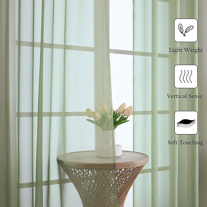 Sage Green Sheer Curtains 84 Inches Long 2 Panels Set, Solid Airy Voile Sheer - Image 6