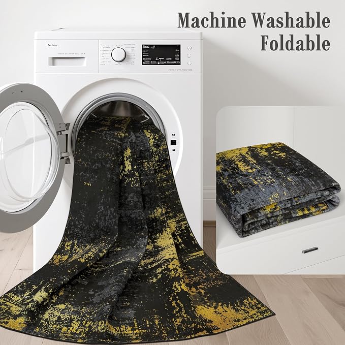 3x14 Washable Runner Rug：Modern Abstract Soft Carpet Black Gold | - Image 6