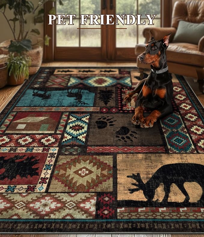 Rustic Cabin Area Rug 5x7, Machine Washable Lodge Bear Rug, Non-Slip Low Pile - Image 5