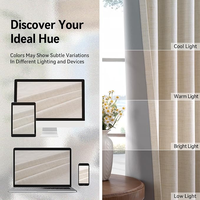 100% Blackout Linen Textured Curtains 108 Inch Long, Butter Cream | 100% - Image 7