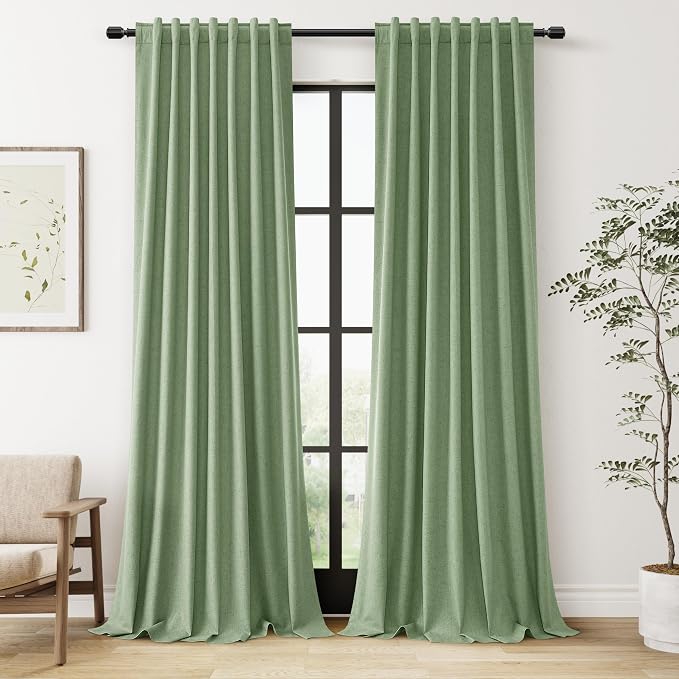 Light Sage 100% Blackout Linen Curtains 96 Inch Length 2 Panels Set by Guken
