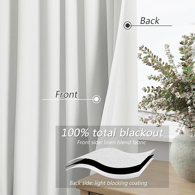 White 100% Blackout Linen Curtains 100 Inch Length 2 Panels Set - Image 3