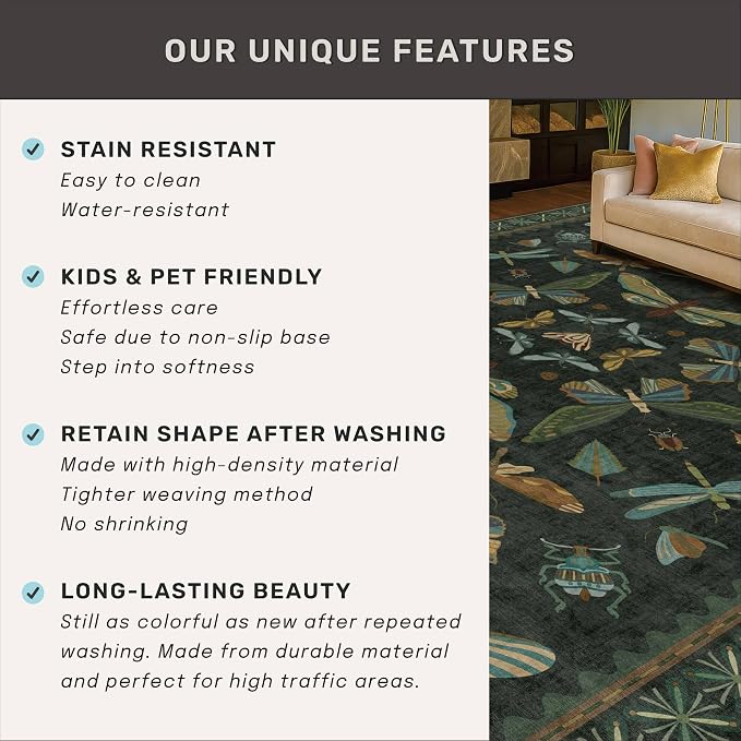 6x8 Dark Green Washable Dining Room Rug - Image 7