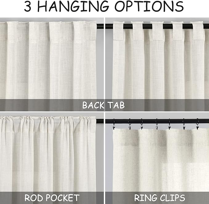 Natural Linen Curtains 45 Inch Length Back Tab Pocket Design Semi Sheer - Image 3