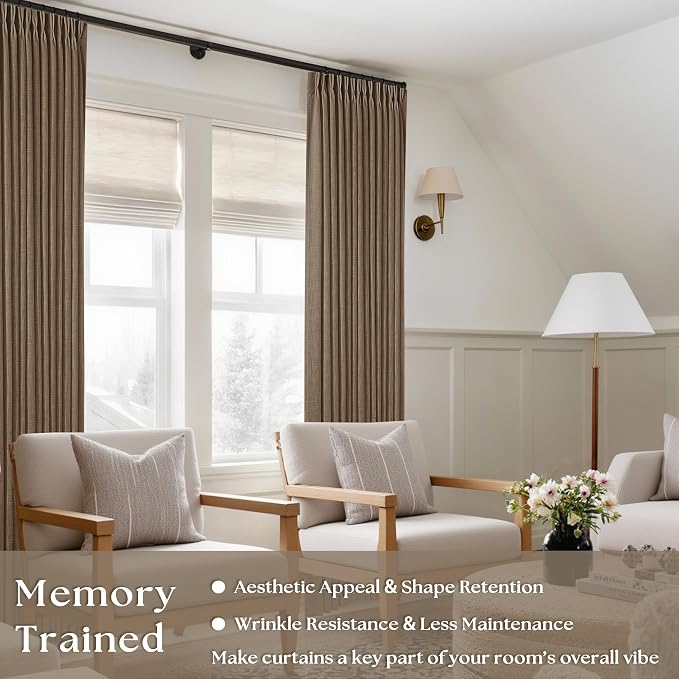 92 Inch Memory Shaped Light Filtering Linen Pleat Brown Window Curtains | Dutch - Image 6