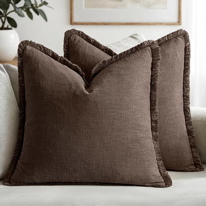 MIULEE Linen Fringe Decorative Fall Euro Pillow Covers Reddish Brown 22x22 | by MIULEE