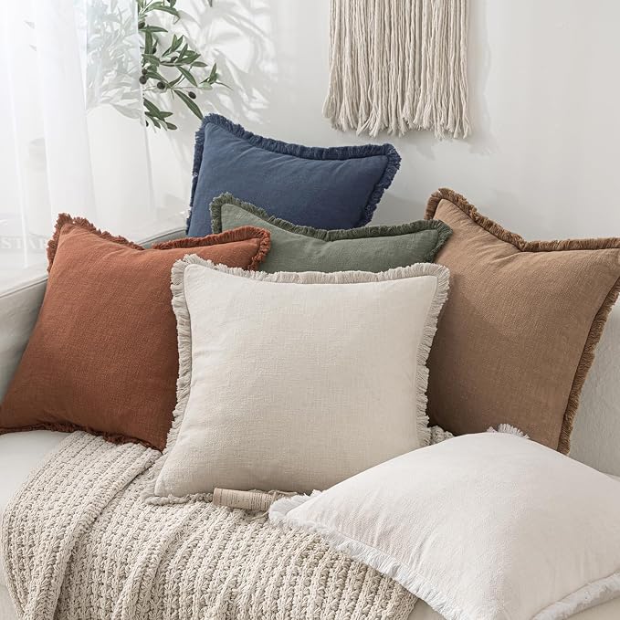 MIULEE Linen Fringe Decorative Fall Euro Throw Pillow Covers Brick 24x24 | Set - Image 4