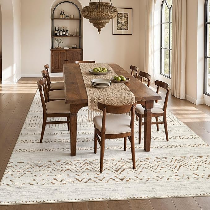 cotiled 10x12 Area Rugs Washable Boho Living Room Rug Brown/Cream | Stain - Image 7