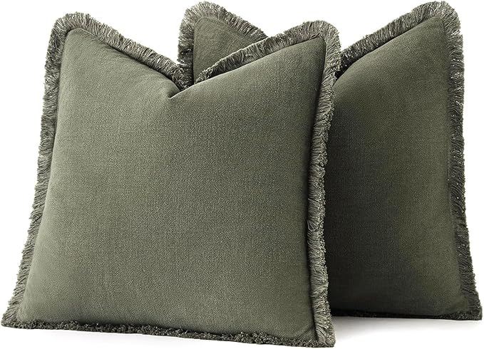 MIULEE Boho Linen Fringe Decorative Throw Pillow Covers Olive Green 18x18 | Set - Image 6