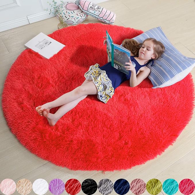 Amdrebio Red Shag Big Round Area Rug 6Ft by Amdrebio