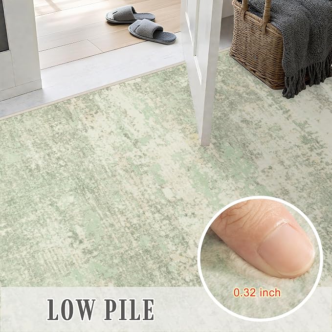 2.6x8 Washable Runner Rug：Modern Abstract Soft Carpet Green Cream | - Image 7