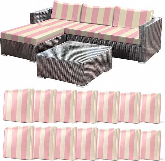 CALBODE 14 Pcs Stretch Outdoor Seat Cushion Covers, Washable Striped Chair Seat by CALBODE