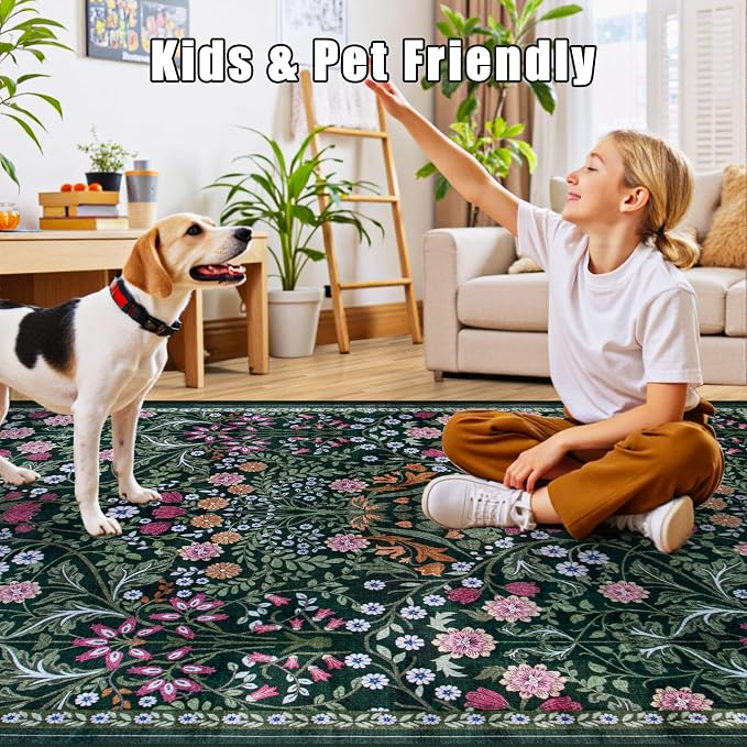PLHXFR 2.6x8 Washable Runner Rug：Floral Indoor Kitchen Carpet Dark Green | - Image 9