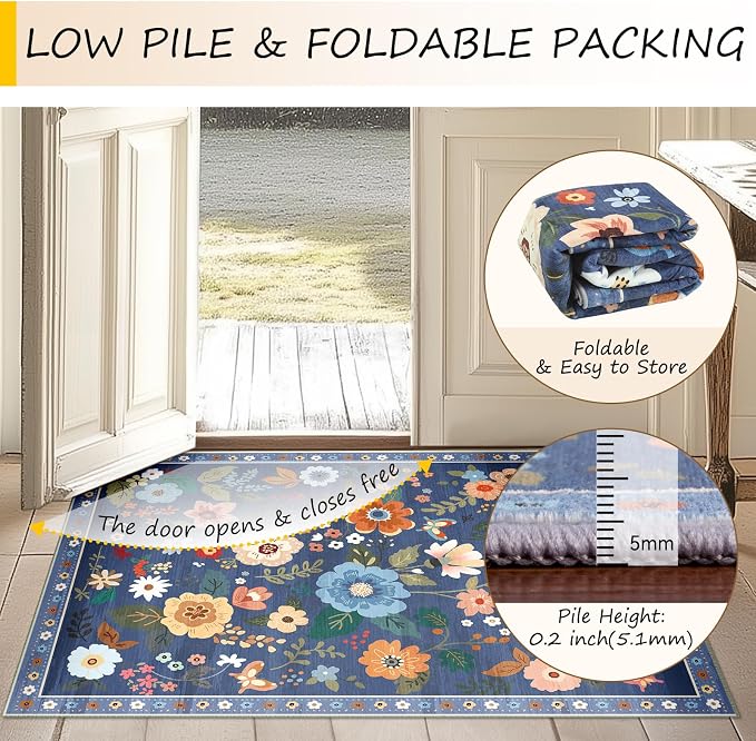 Floral Washable 2x6 Area Rugs Runner Entryway Hallway Blue/Grey | Flower Carpet - Image 4