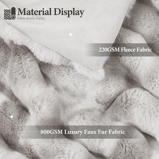 Luxury 1000GSM Faux Rabbit Fur Throw Blanket, Super Heavy Warm Cozy Grey - Image 2