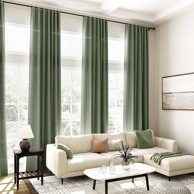 Olive Green Linen Curtains 72 Inch Length 2 Panel Set Back Tab Semi Sheer Light - Image 7