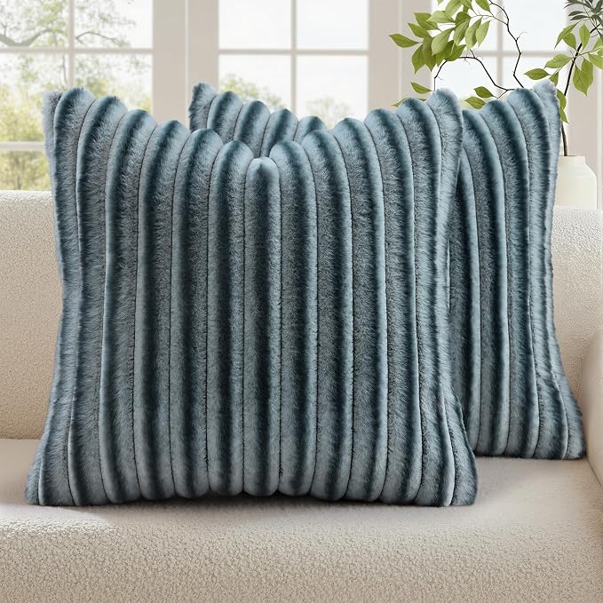 decorUhome Fall Faux Fur Throw Pillow Covers 20x20 Set of 2 Blue Grey | by decorUhome