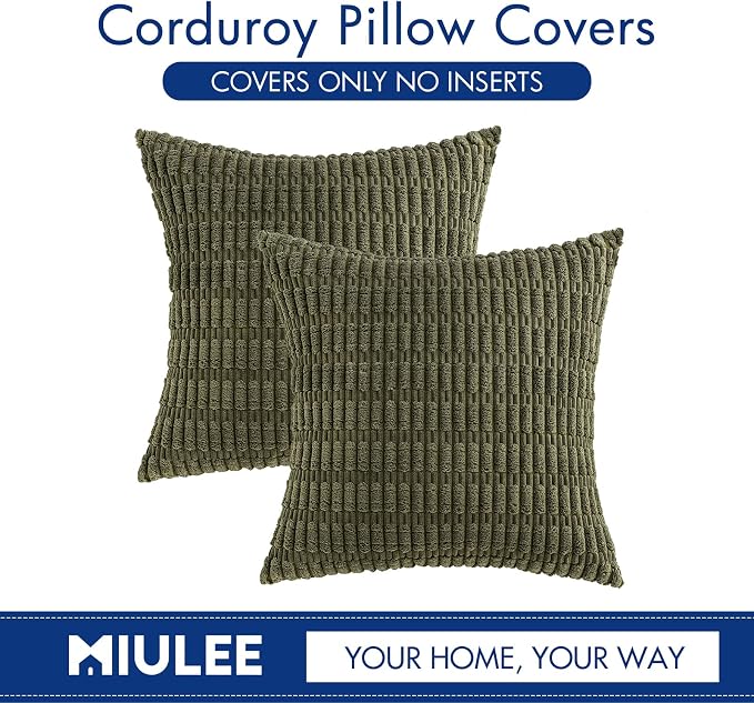 MIULEE Corduroy Decorative Throw Pillow Covers 18x18 Olive Green Pack of 2 | - Image 9