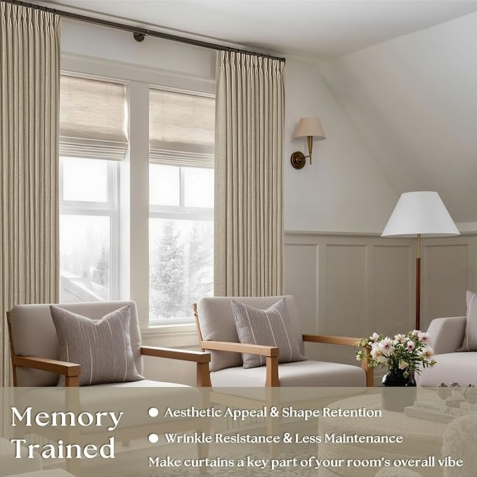 Pleated Linen Semi Sheer Grey Beige Memory Shaped Curtains 90 Inches Long | - Image 2