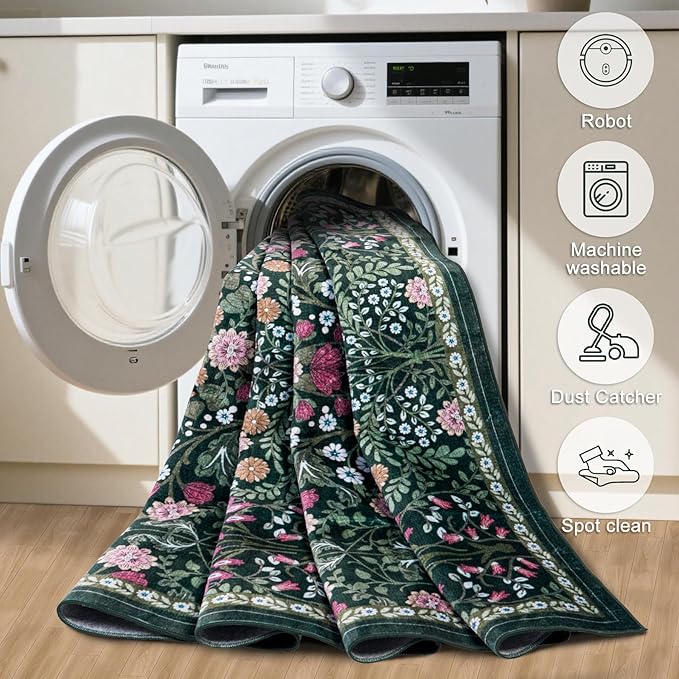 PLHXFR 2.6x8 Washable Runner Rug：Floral Indoor Kitchen Carpet Dark Green | - Image 7