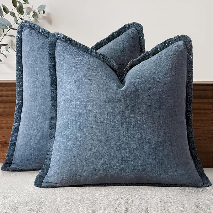 MIULEE Linen Fringe Decorative Euro Throw Pillow Covers Blue Ashes 24x24 | Set by MIULEE