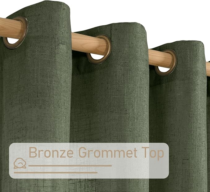 Olive Green Light Filtering Linen Curtains, 54 inch Length Linen Textured Semi - Image 2