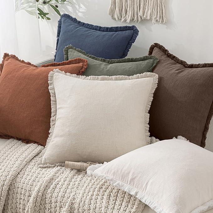 MIULEE Linen Fringe Decorative Fall Euro Pillow Covers Reddish Brown 22x22 | - Image 6