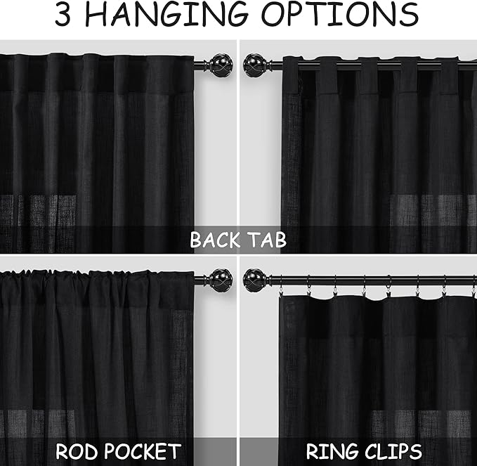 Balck Sheer Linen Curtains 94 inch Length - Image 2