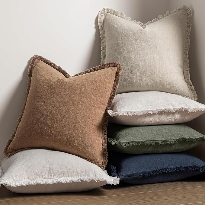MIULEE Linen Fringe Decorative Fall Euro Throw Pillow Covers Brown 28x28 | Set - Image 5