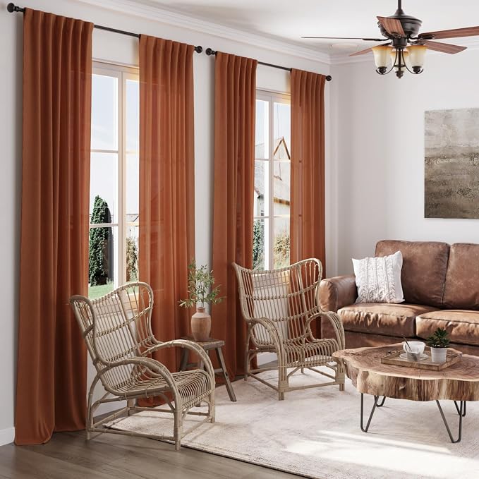 Terracotta Linen Curtains 102 inches Long 2 Panels - Image 2