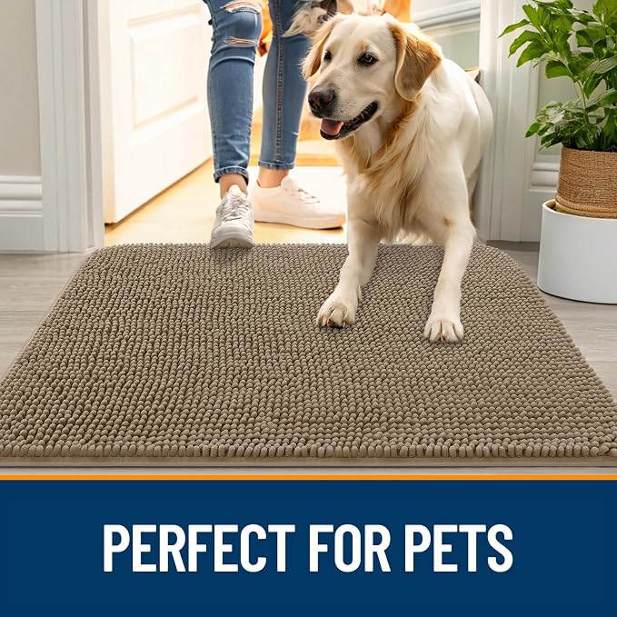 OLANLY Dog Door Mat for Muddy Paws 44x24, Super Absorbent Chenille Mud Mat | Tan - Image 6