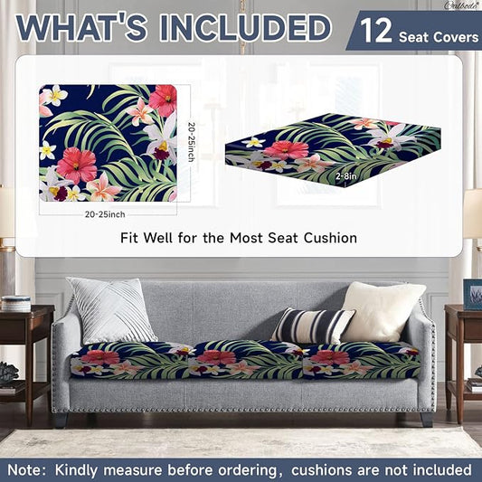 CALBODE 12 Pcs Stretch Outdoor Seat Cushion Covers, Tropical Floral, - Image 2