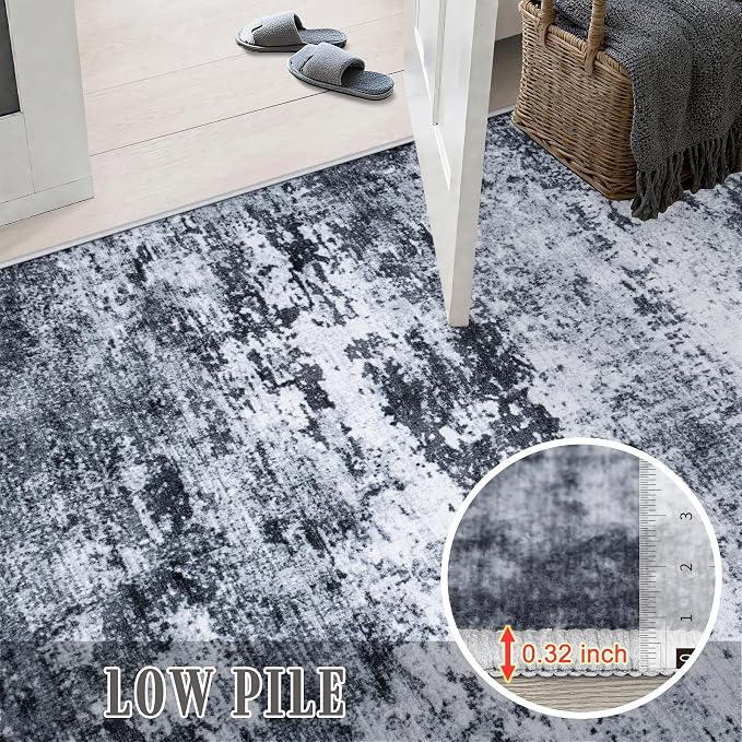 Round Area Rug Living Room: 6 ft Modern Washable Carpet Black | - Image 9