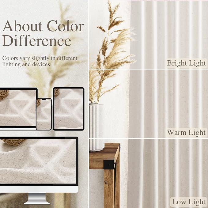 Beige Cafe Curtains 48 Inch Length Set 2 Panel Back Tab Pocket Semi Sheer Short - Image 4