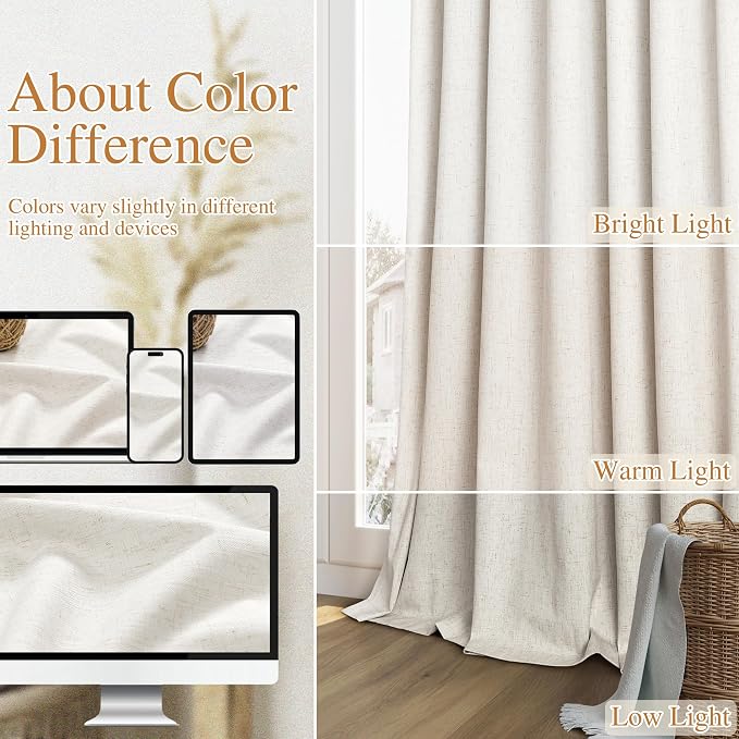 Beige White 100% Blackout Linen Curtains 112 Inch Length 2 Panels Set - Image 7