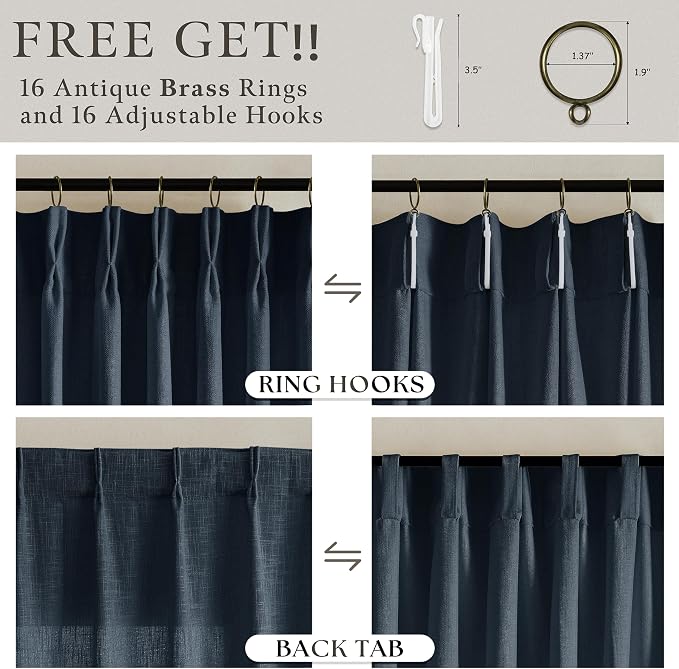Thick Linen Pleat Dark Blue Semi Sheer Privacy Curtains 50 by 86 2 Panels | 86 - Image 5