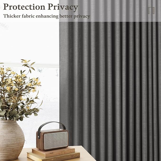 Dark Grey Light Filtering Pleated Linen Curtains 120 Inches Long 2 Panels | - Image 6