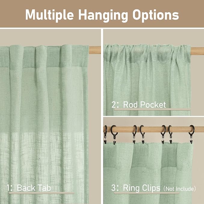 Linen Curtains 48 Inch Length Semi Sheer Light Filtering 2 Panels | Linen - Image 3