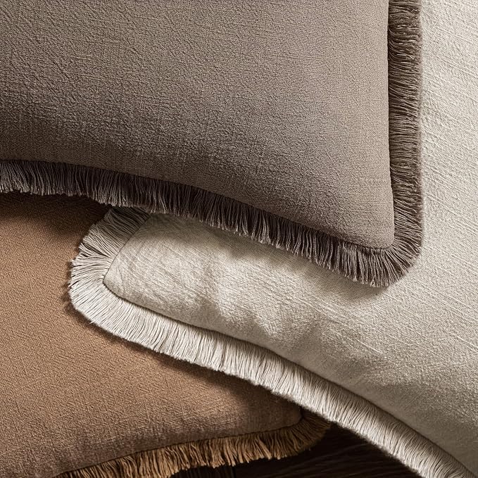 MIULEE Boho Linen Fringe Decorative Fall Throw Pillow Covers Coffee 18x18 | Set - Image 4