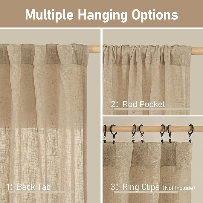 63 Inch Sheer Linen Window Curtains, Light Filtering Panels, Rod Pocket Back Tab - Image 3