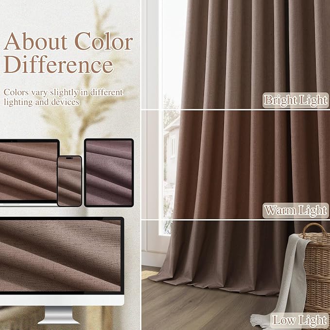 Mocha Mousse 100% Blackout Linen Curtains 90 Inch Length 2 Panels Set - Image 7