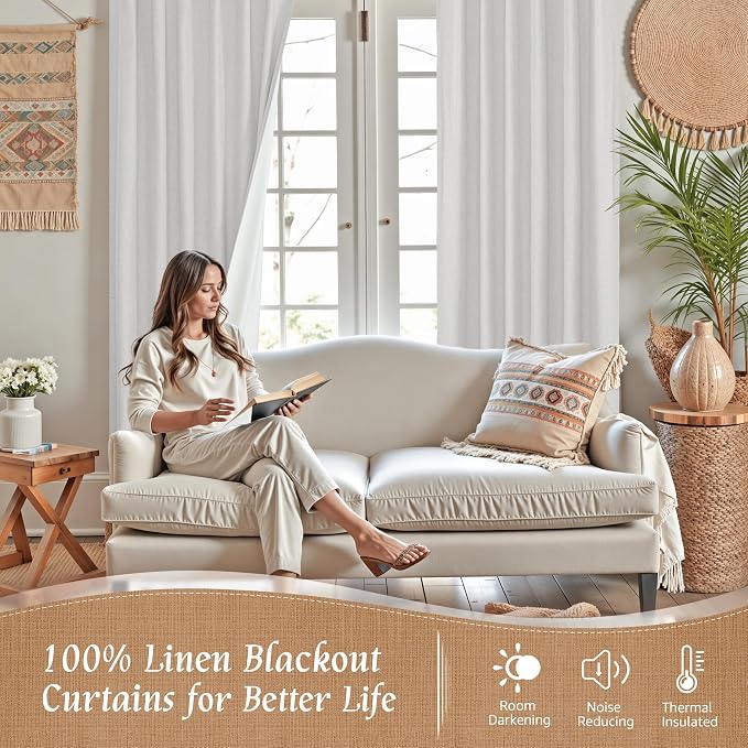 84 Inch 100% Blackout Linen Curtains 2 Panels - Image 3
