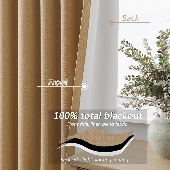 Camel Brown 100% Blackout Linen Curtains 63 Inch Length 2 Panels Set - Image 4