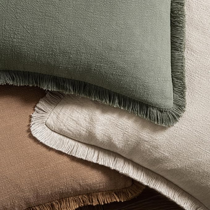 MIULEE Linen Fringe Decorative Fall Euro Throw Pillow Covers Brown 26x26 | Set - Image 4
