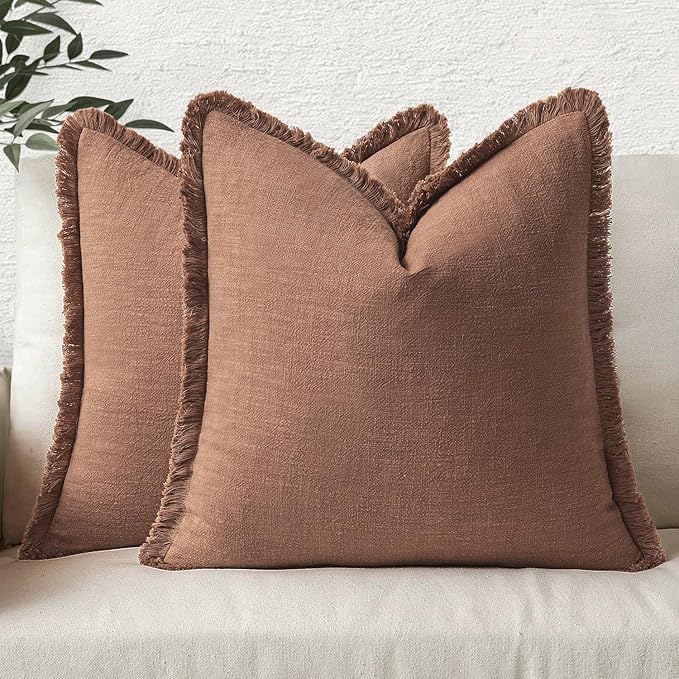MIULEE Linen Fringe Decorative Fall Euro Throw Pillow Covers Brick 24x24 | Set by MIULEE