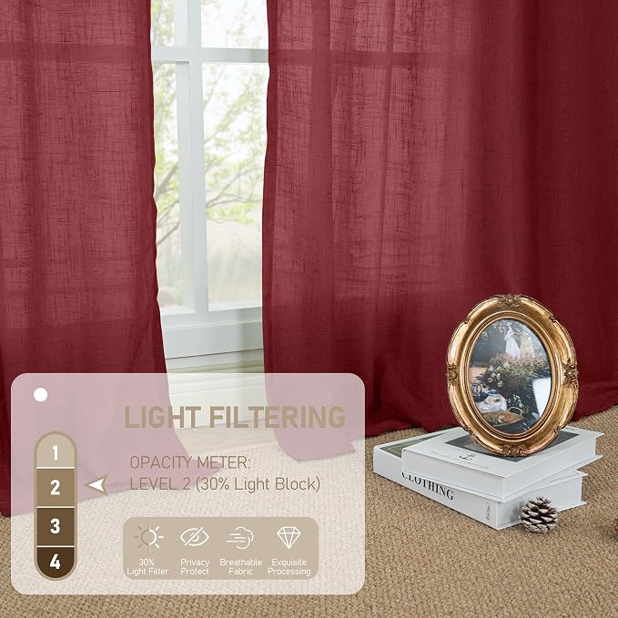 Burgundy Red Linen Curtains 48 Inch Length 2 Panels, Light Filtering Semi Sheer - Image 5