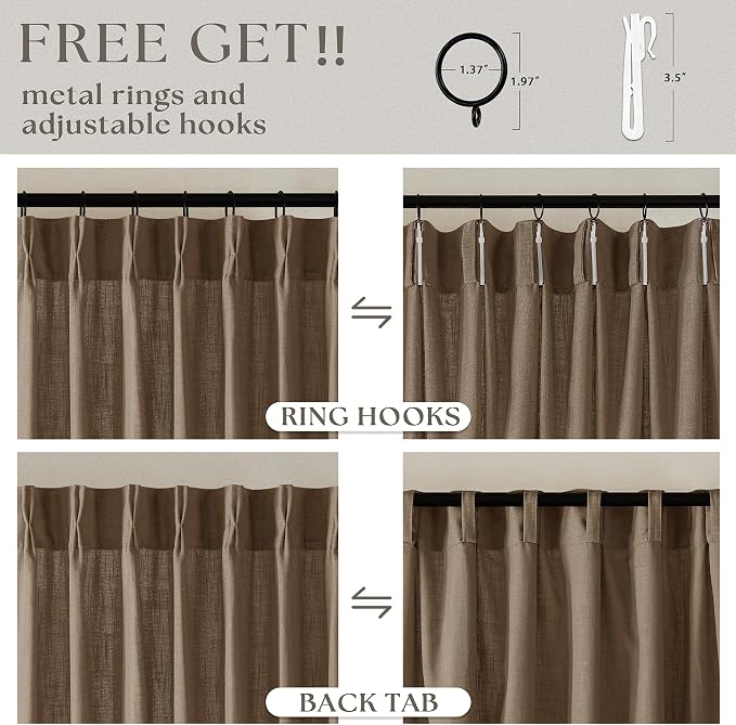 Brown 80 Inch Light Filtering Pinch Pleated Linen Curtains 2 Panels Set | Semi - Image 5
