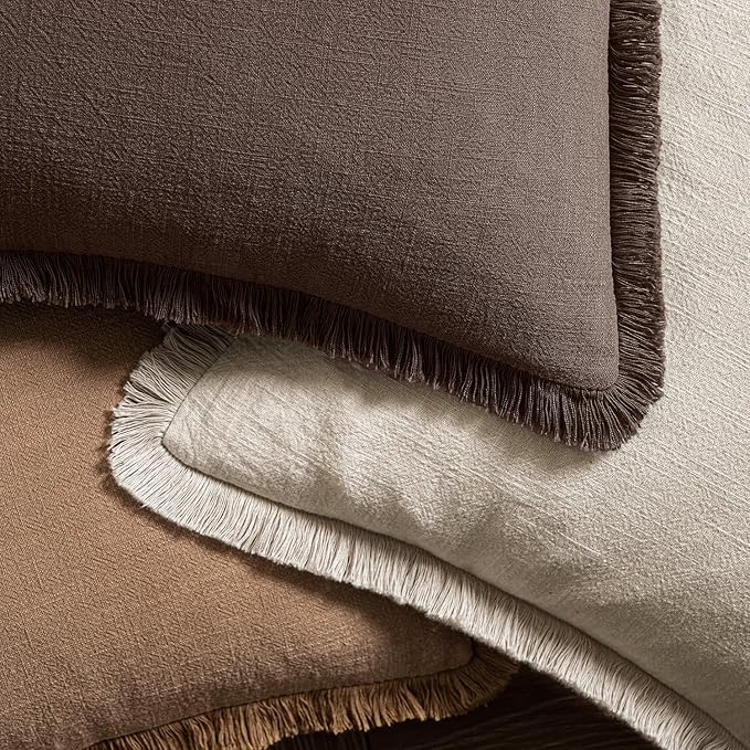 MIULEE Linen Fringe Decorative Fall Euro Pillow Covers Reddish Brown 22x22 | - Image 4
