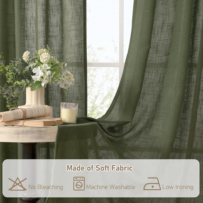 Olive Green Light Filtering Linen Curtains, 54 inch Length Linen Textured Semi - Image 8