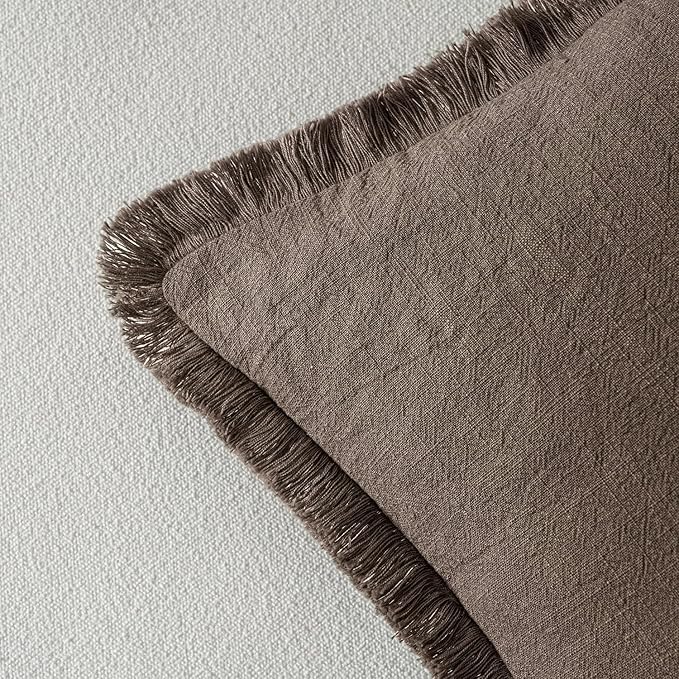 MIULEE Boho Linen Fringe Decorative Fall Throw Pillow Covers Coffee 18x18 | Set - Image 3